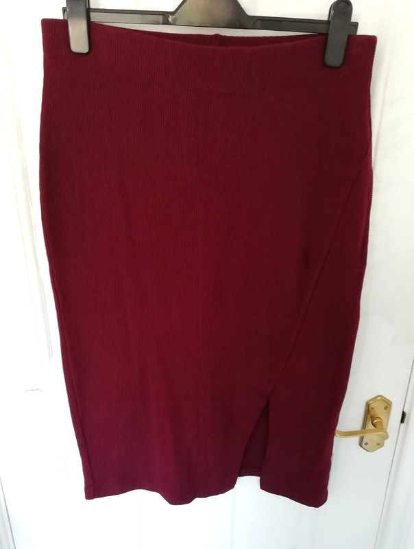 Whistles 16 Skirt Midi Burgundy Wine Red Ribbed Stretchy Split Elastic Waist