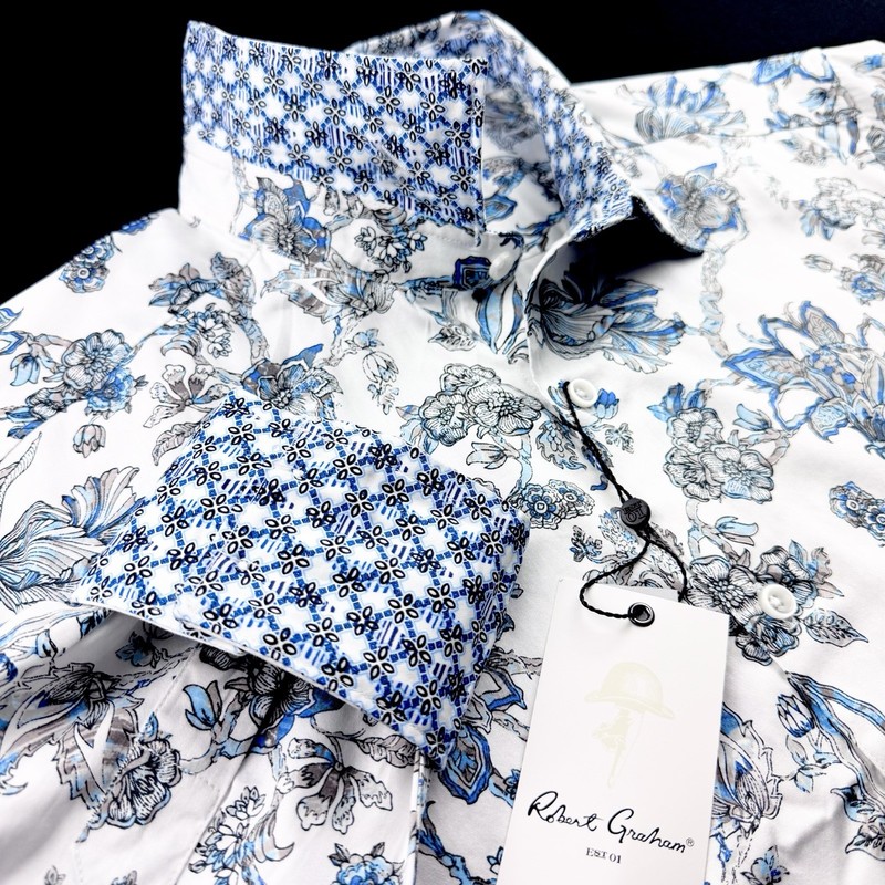 Robert Graham Geometric Floral Vibrant Print Sport Shirt White Blue Large $198