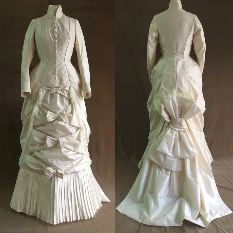 1880 Victorian Prom Dresses Vintage Civil War High Neck Bustle Bow Ball Gowns