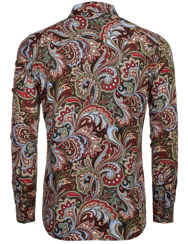 Men's Floral Print Button Down Casual Long Sleeve Hawaiian Shirt(Wine Red,L) gallery