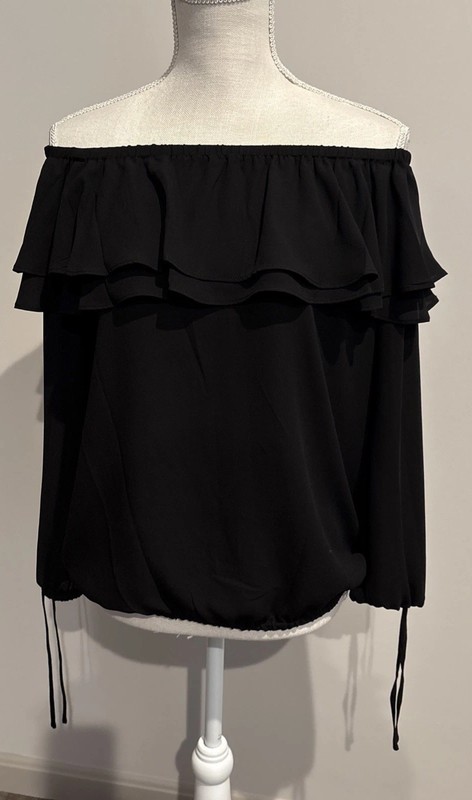 NWT Michael Kors Black Ruffle Off-the-Shoulder Blouse Elastic Hem Size S $78