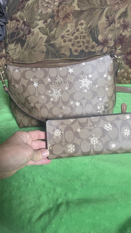 Coach Signature Logo Snowflake Print Crossbody Zip Bag w/ Matching Zip Wallet