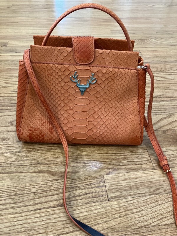 Taxidermy Python Leather Handbag Orange With Shoulder Strap And Short Handle