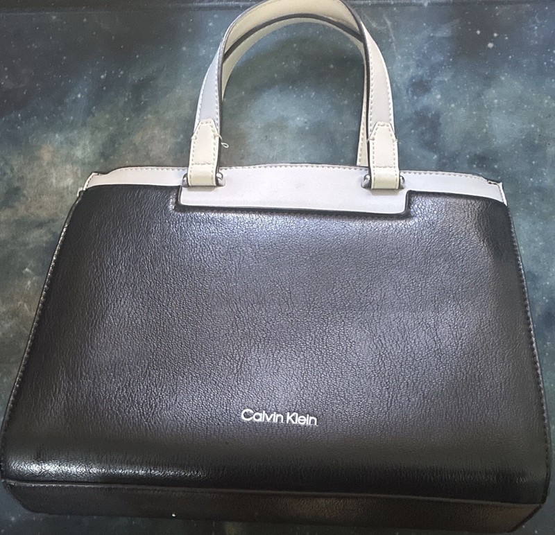 Calvin Klein Black White Satchel Top Handle Bag Zip Closure Stitching Accents