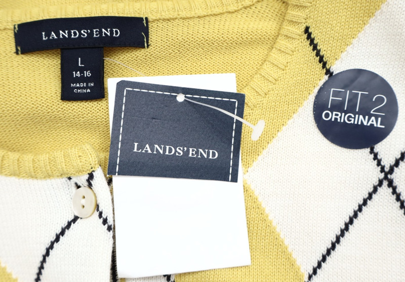 w/ Flaw NWT LANDS' END Women's Cotton Cardigan Sweater Argyle Diamond L 14 16 gallery