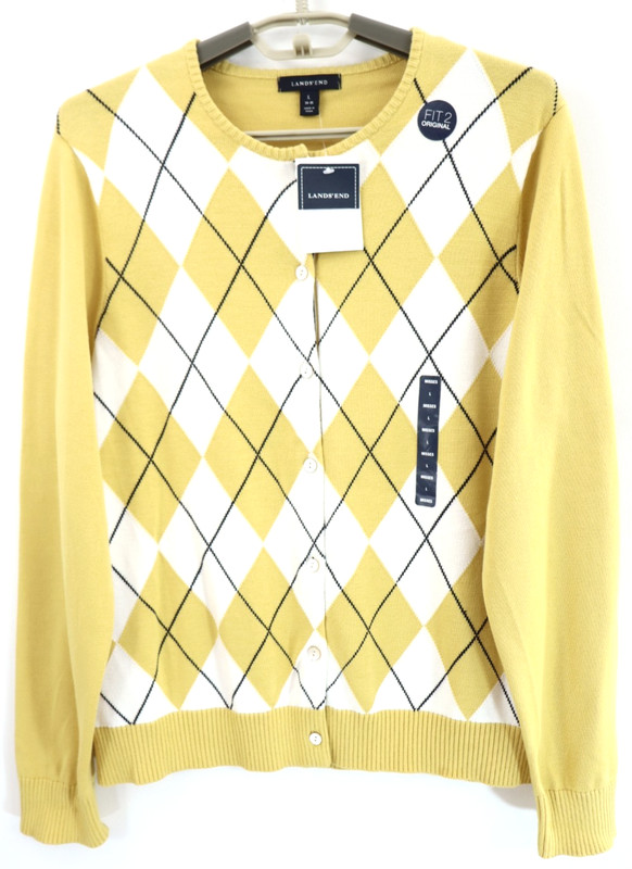 w/ Flaw NWT LANDS’ END Women’s Cotton Cardigan Sweater Argyle Diamond L 14 16
