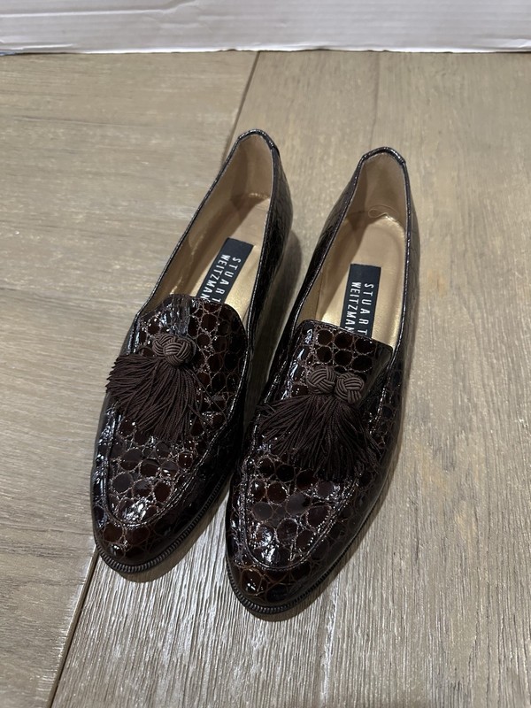 Stuart Weitzman Loafer Flats Size 2W AA 7 Patent Croc Embossed Tassel Brown
