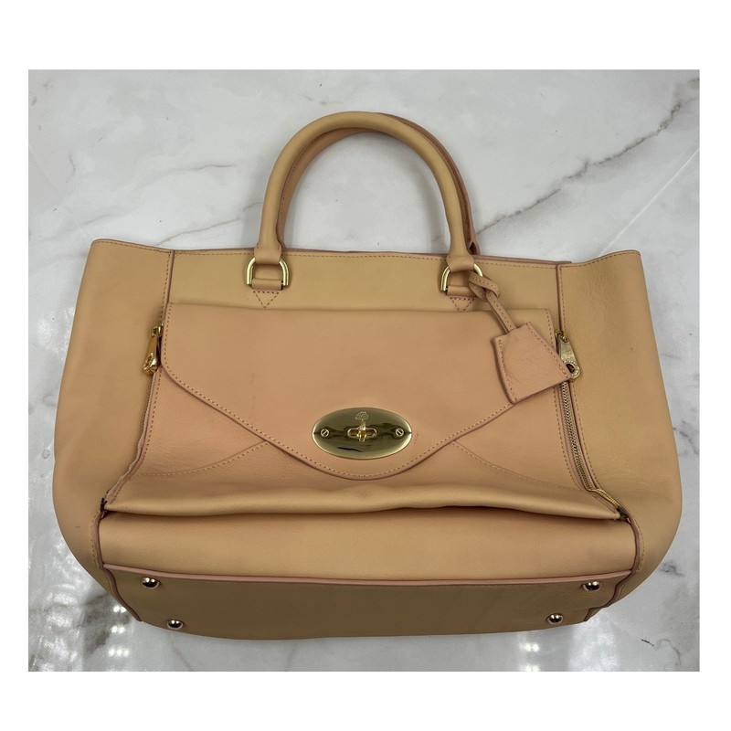 Mulberry Willow Tote Bag Nude Peach Leather Detachable Clutch Bag Gold Hardware