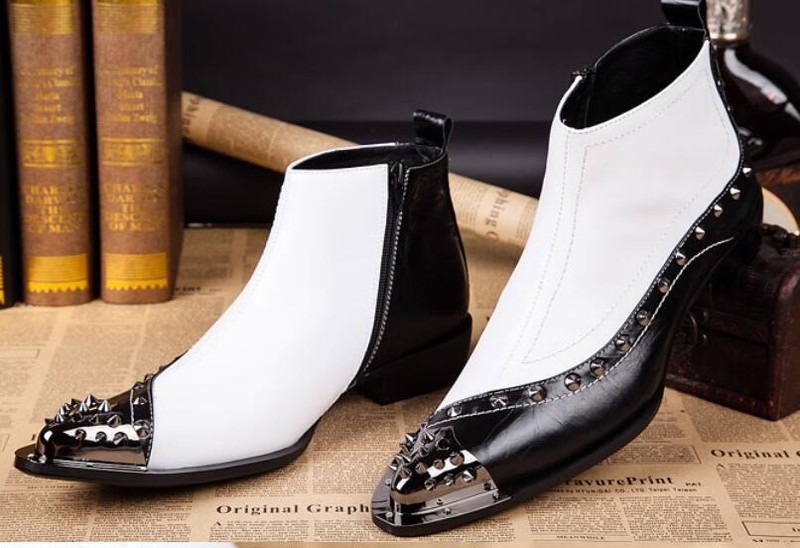 Men’s Pointy Toe Rivet Zipper color splicing Gothic Ankle Boots Leather Shoes