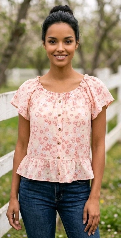 Pink Rose Blouse Floral Ruffle Button Up BOHO Cottagecore Romance Hippie Size S
