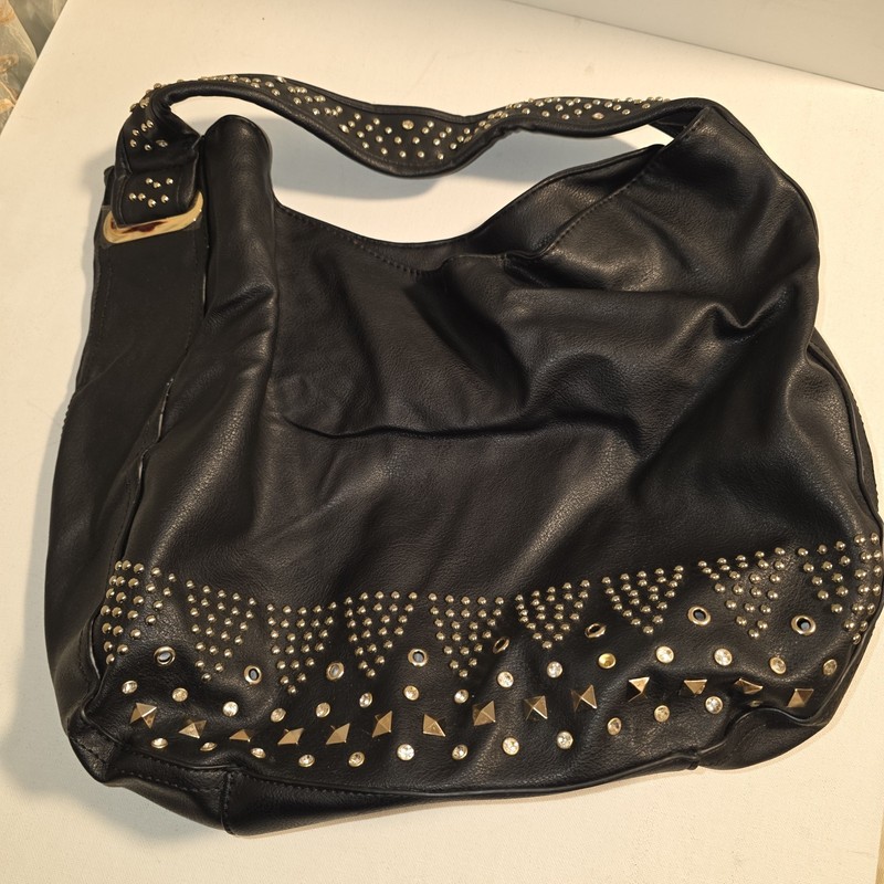 Black Studded Hobo Shoulder Bag Zip Top Gold Hardware Black/White Lined Pockets