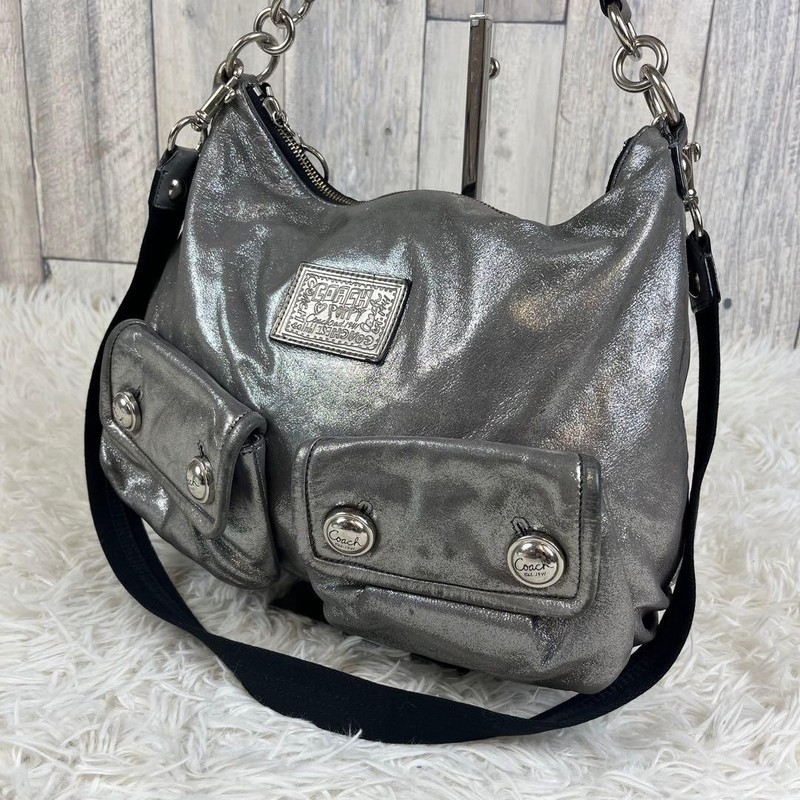 COACH Metallic Silver Satchel Bag Double Pocket Poppy Y2K 2Way From JAPAN
