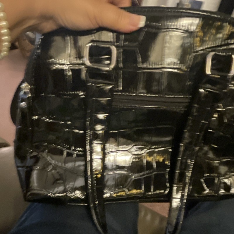 Liz Claiborne Black Patent Croc Embossed Satchel Zip Top Inner Pockets gallery