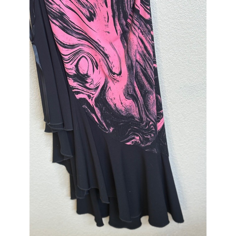 Janine Pink Black Marble Swirl Asymmetric Ruffle Cowl Neck Midi Dress Small Y2K gallery