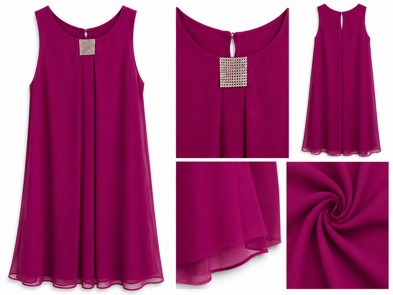 MSK Women’s Size 8 Magenta Chiffon Shift Dress Rhinestone Neck Cocktail Party