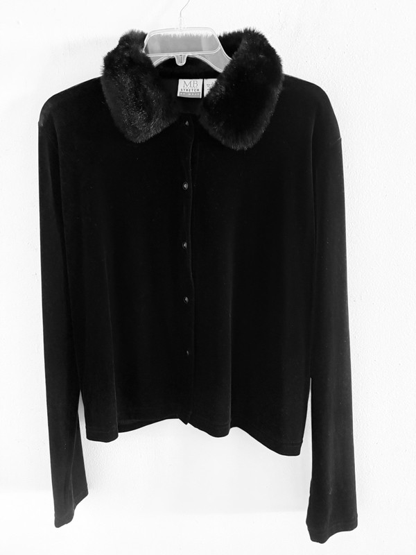 MB Designs Womens Black Long Sleeve Faux Fur Collar Velour Blouse Top Size Large