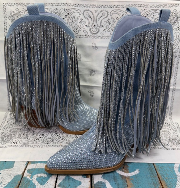 Que Plano Cowgirl Rhinestone Sparkly Fringe Pointed Toe Cowgirl Boots Sz 6
