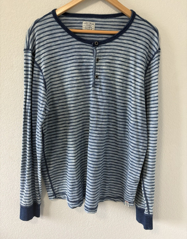 Lucky Brand Mens XL Blue White Striped Henley Shirt Long Sleeve 100% Cotton