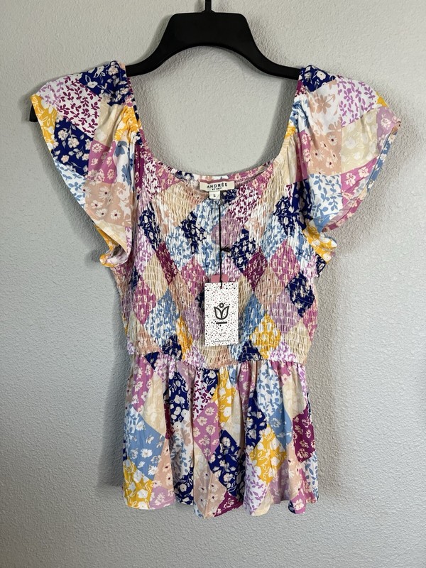 Boutique Andree By Unit Multicolor Patchwork Peplum Top Small NWT gallery