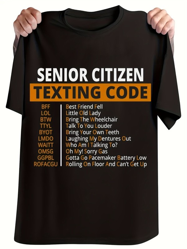 SMS Code for Seniors ‘Humor Men’S T-Shirt – 100% Cotton, Classic Fit, Breat
