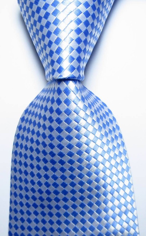 New Classic Checks Light Blue White JACQUARD WOVEN 100% Silk Men’s Tie Necktie