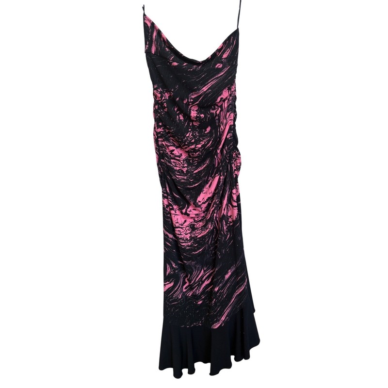 Janine Pink Black Marble Swirl Asymmetric Ruffle Cowl Neck Midi Dress Small Y2K gallery