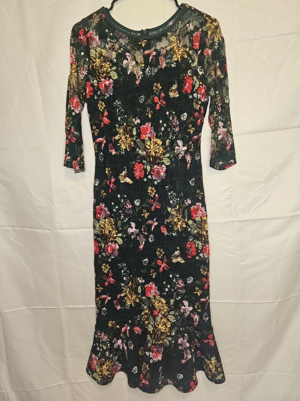 Vishow Yermoq Black Multicolor Floral Lace Midi Dress S 3/4 Sleeve Round Neck gallery