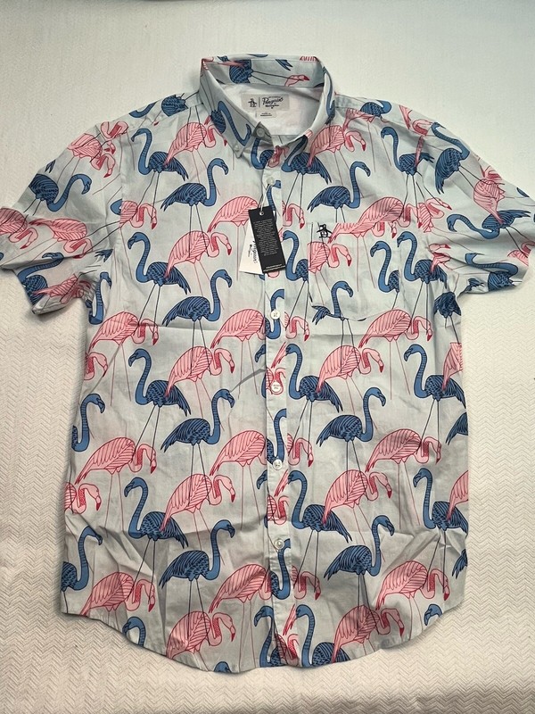 Original Penguin Button Up Adult M Flamingo Print Shirt Men’s Short Sleeve