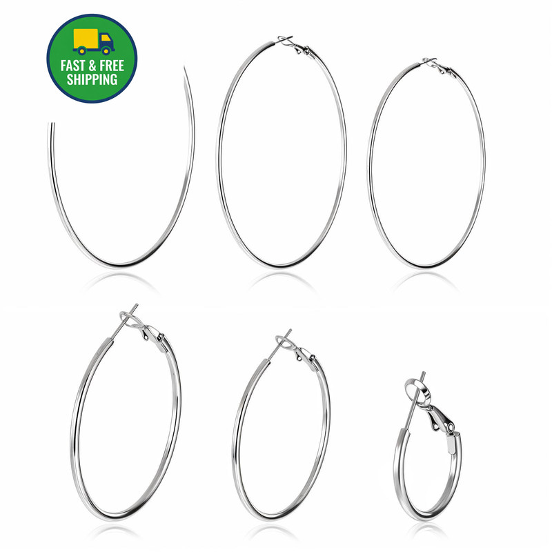6 Pairs Silver Hoop Earrings, Stainless Steel 20/30/40/50/60/70mm, silver