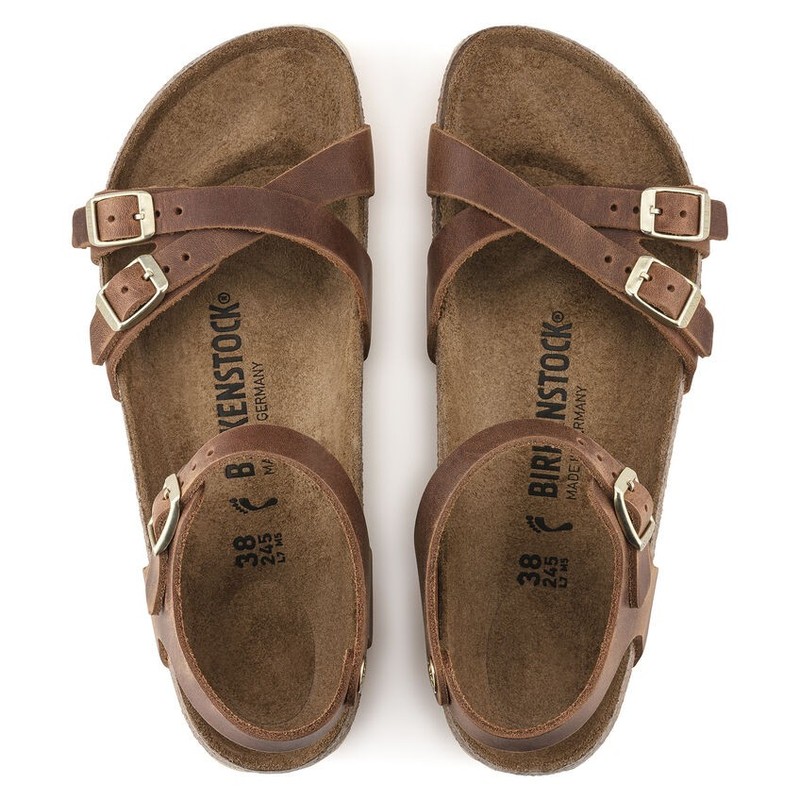 BIRKENSTOCK KUMBA COGNAC WAXY LEATHER MEDIUM/NARROW WIDTH CROSSED STRAPS SANDALS gallery