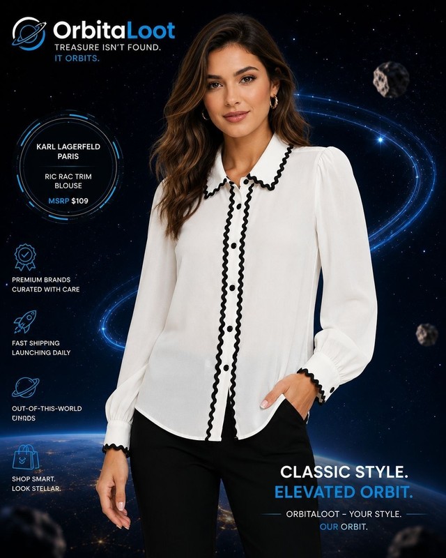 Karl Lagerfeld Paris S White Black Ric Rac Trim Button Blouse NWT MSRP $109