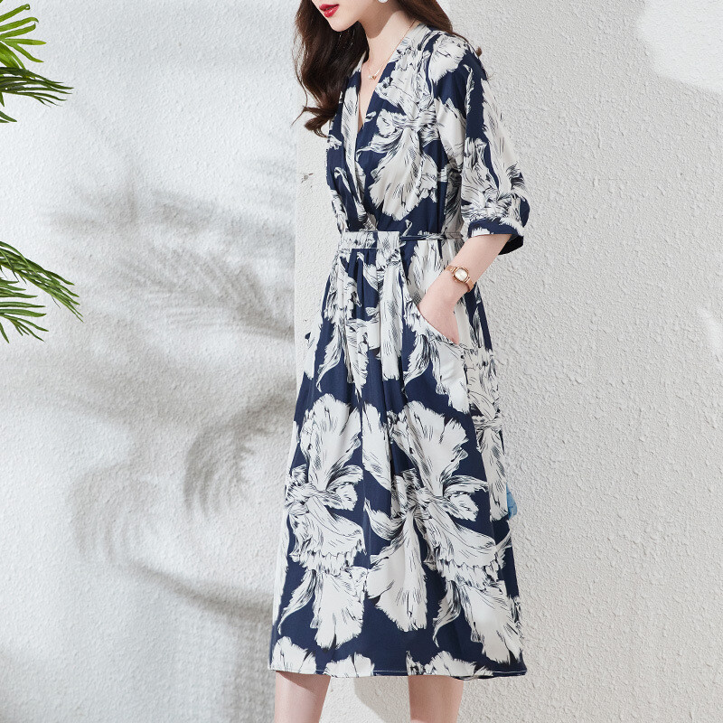 100% Mulberry Silk Dress Women's Mid Length Summer New Fashion V-neck Silk Dress gallery