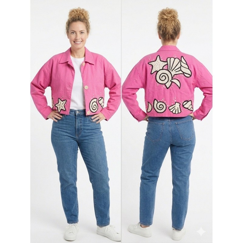 VTG Y2K IBE Pink Linen Blend Seashell Starfish Sequin Cropped Jacket Size 6