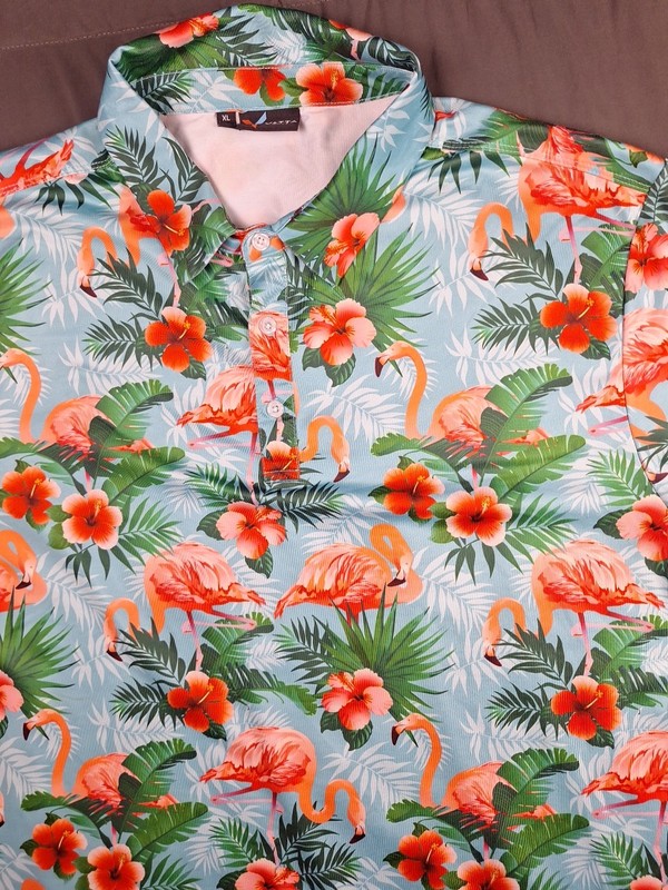 YATTA GOLF Men’s Pau Hana Stretch Breathable Golf Polo Shirt Floral Flamingo XL