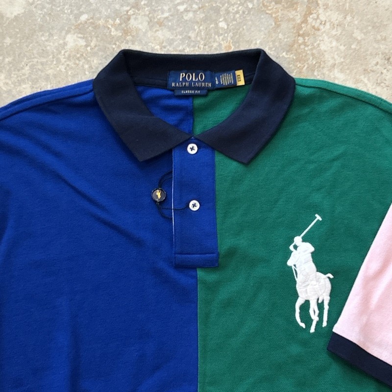 Polo Ralph Lauren Shirt Mens L Multi Colorblock Big Pony Mesh Pique Player Polo