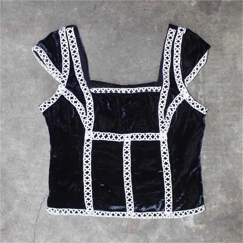 Free People Tyler Velvet Corset Top Navy Blue White Lace Trim Smocked Crop S M