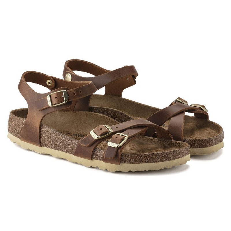 BIRKENSTOCK KUMBA COGNAC WAXY LEATHER MEDIUM/NARROW WIDTH CROSSED STRAPS SANDALS gallery