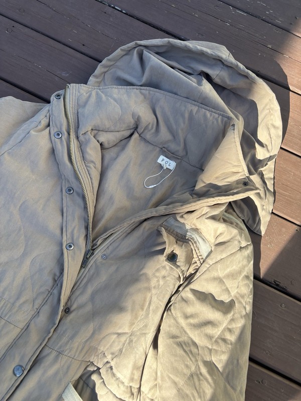 Pol Beige Hooded Quilted Mid-Length Parka Coat Zip/Button Size M gallery