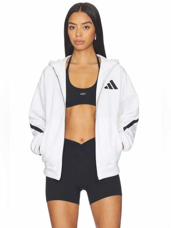 ADIDAS Full-Zip Baggy Y2K Minimalist Sport Hoodie Bright White 90s Activewear📐X