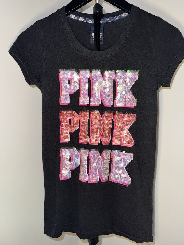 PINK Victoria’s Secret Black Sequin Logo Crew Neck Short Sleeve Tee XS