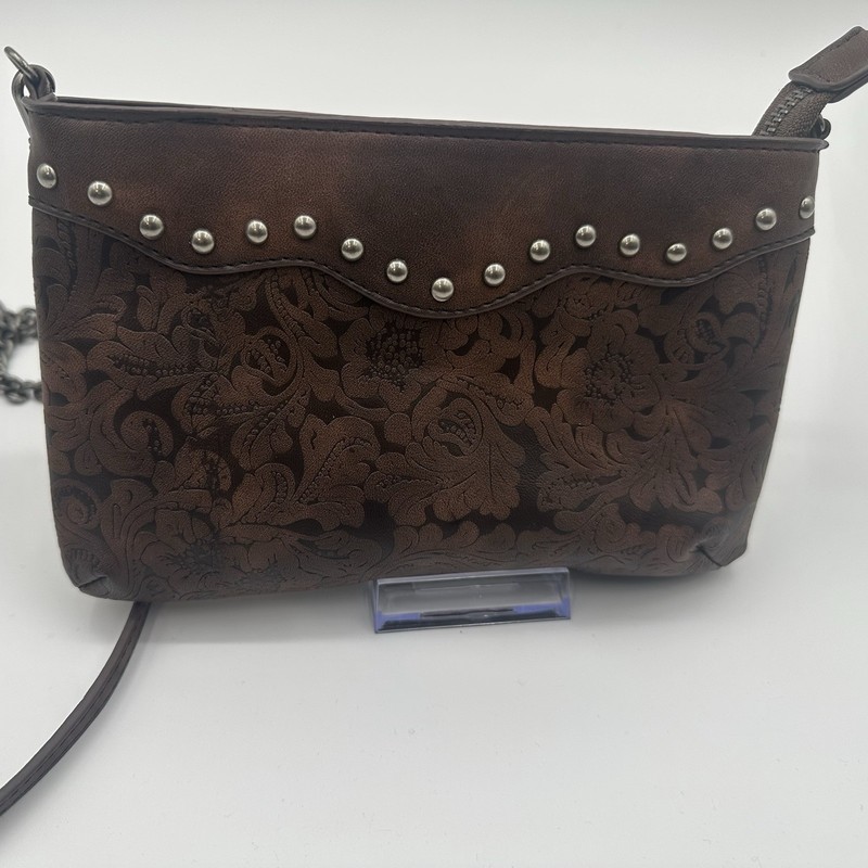Small Leather Soft Lazer Tooled Crossbody With Silver Studs And Chain Strap