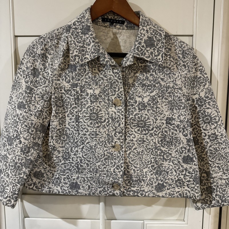 Theory Cropped Blazer Gray and Ivory Floral Damask -3/4 Sleeve & LG Collar- SZ M