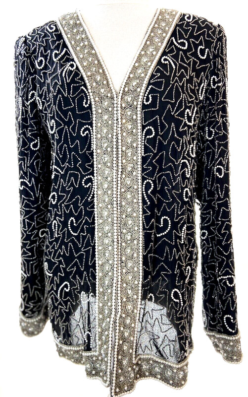 LAURENCE KAZAR Women’s Sequin Beaded Silk Open Jacket Pearl Vintage Gatsby Large