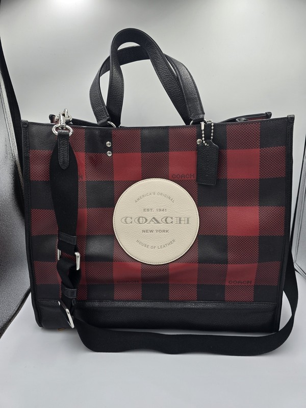 COACH C1549 Dempsey Tote 2way Shoulder Bag Red Black Buffalo Plaid Print Lrge