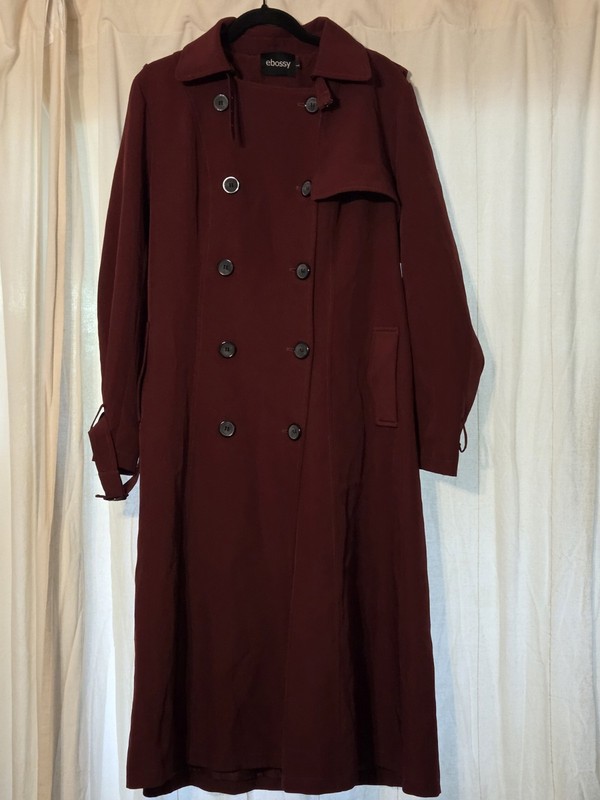 ebossy Women’s Burgundy Long Trench Coat Button Front Lined Collared Size L