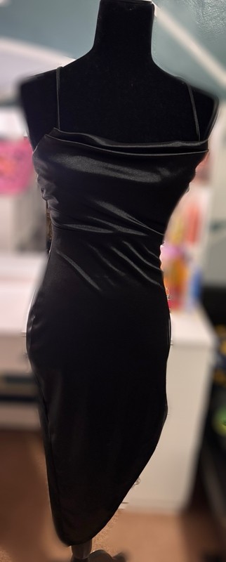 Black Satin Cowl Neck Strappy Back Bodycon Midi Dress Size S Party/Cocktail