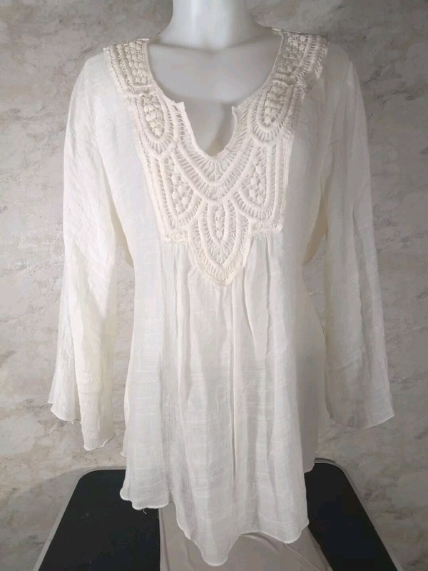 Halo Womens Ivory Crochet V Neck Sheer Boho Top Size Large
