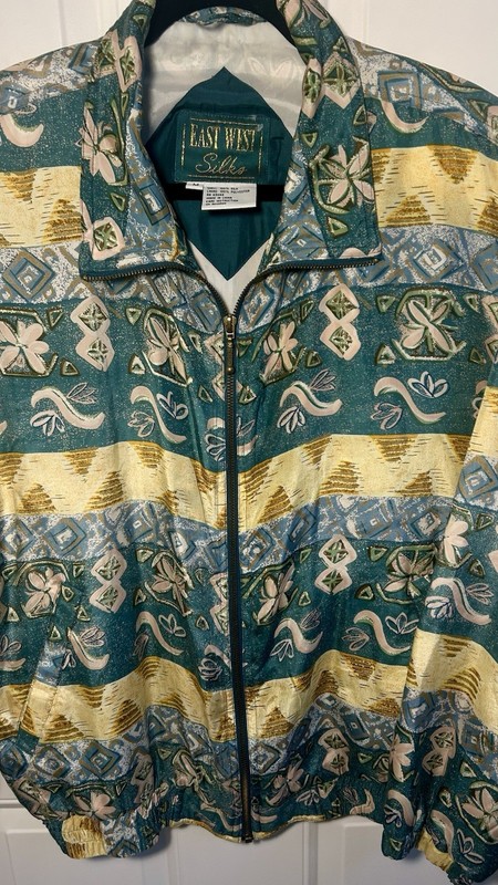 Vintage East West Silks 100% Silk Bomber Jacket Padded Shoulders Aztec Floral M gallery