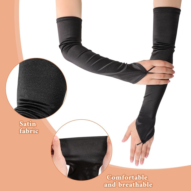 Xelsluthe Black Long Fingerless Satin Opera Gloves Women, 1920s Elbow gallery