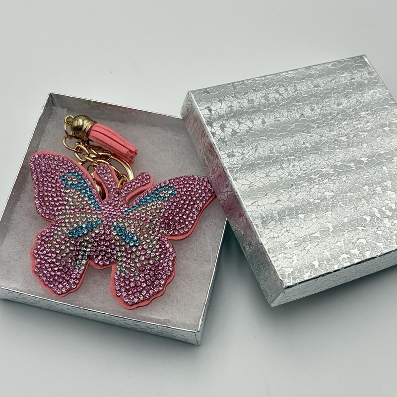 Pink Butterfly Rhinestone Keychain Purse Charm Tassel Gift Box Pendant gallery